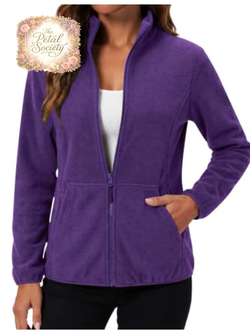Fleece Jacket Women 6 Pockets Lightweight Full Zip Stand Collar Coat